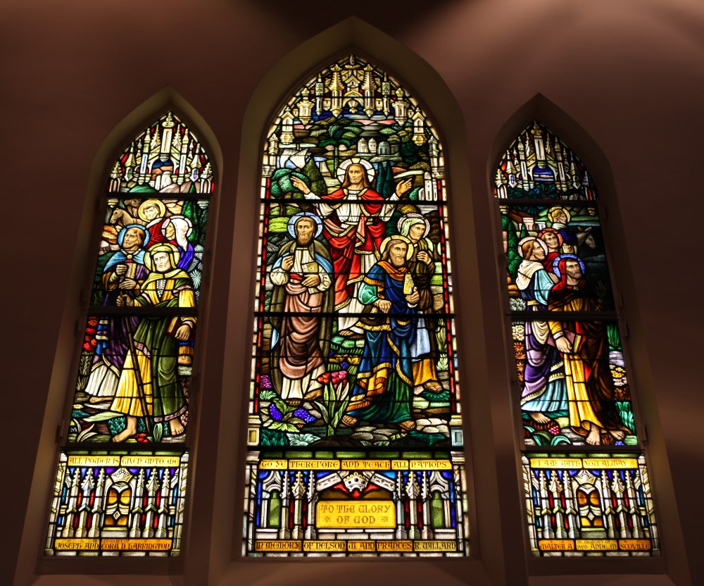 Three documented stained glass windows in a church — To The Glory of God